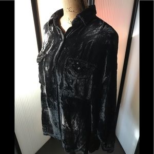 Velvet button down shirt. Beaded cuffs, pockets.